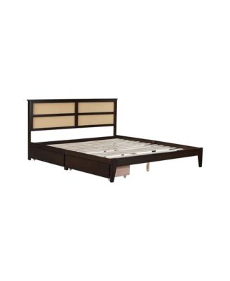 King Bed Rattan Headboard, Storage Drawers, Espresso
