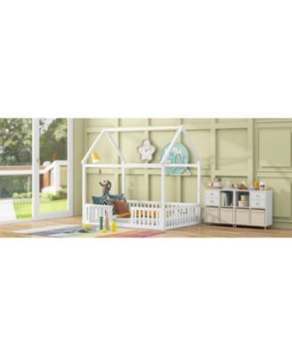 Full Size Wood House Bed with Fence and Door