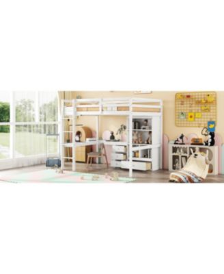  Loft Bed with Desk, Shelves, Drawers & Guardrails