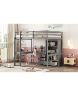 High Loft Bed with Desk, Storage, Ladder, Grey