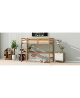 Twin Loft Bed with Desk and Guardrail, White Oak