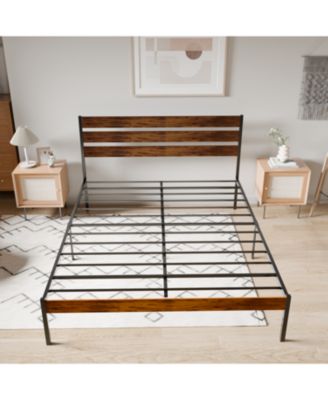 Iron Platform Bed Frame with Rustic Wood Headboard & Footboard (Queen Size) - Brown