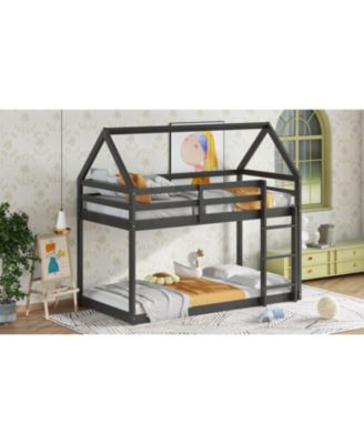 Twin over Twin Rubber Wood Floor Bunk Bed, with ladder,Guardrails,House-Shaped