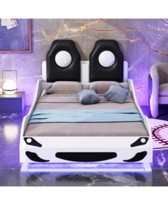  Wood Twin Size Race Car-Shaped Platform Bed with LED and Upholstered Backrest