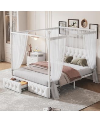 Queen Size Metal Canopy Platform Bed with Upholstered Headboard and Two Storage Drawers
