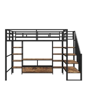 Full Size Metal Loft Bed with Staircase,Low Storage Table and Storage