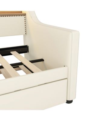 Twin Size Daybed with Trundle, Upholstered Daybed with Charging Station and LED Lights
