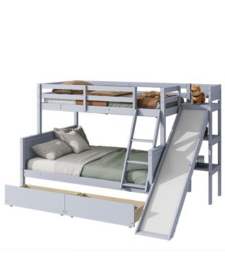 Twin over Full Bunk Bed with 2 Drawers, Slide, Shelves, Ladder, Rubber Wood Bunk Bed with Slide, Drawers