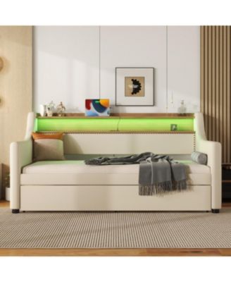 Twin Size Daybed with Trundle, Upholstered Daybed with Charging Station and LED Lights