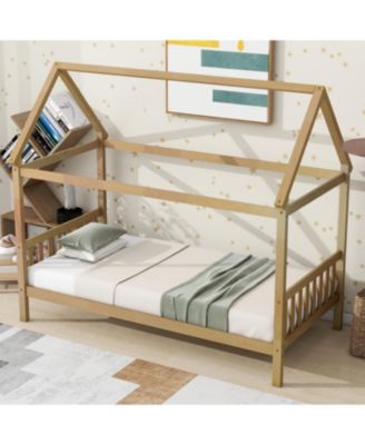  Twin House Bed with Headboard and Footboard, Twin Rubber Wood Bed with House Frame,White OAK