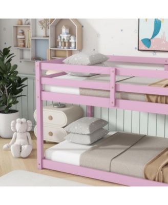 Solid Wooden, Solid Rubber Wooden Twin over Twin Loft Bed with Ladder, with Bed Platform of Strengthened Slats, Pink