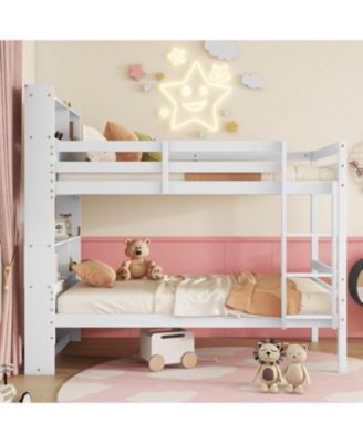 Twin Over Twin Bunk Bed with Shelves and Guardrails, Convertible to 2 Beds