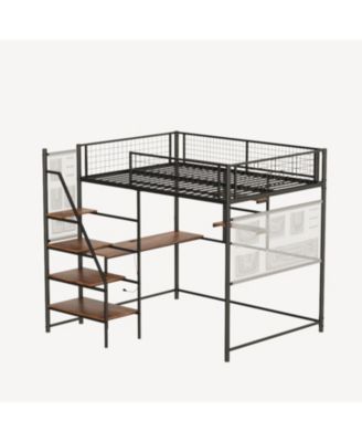 Full size loft metal bed for bedroom and dormitory, with built-in charging station and LED lighting