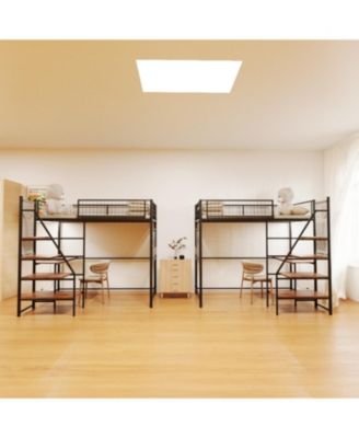 Twin sized loft metal bed with black for bedroom and dormitory, with built-in charging station and LED lighting