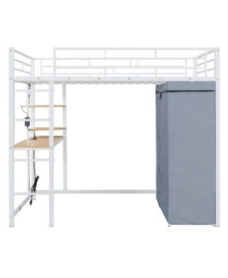 Full Size Loft Metal Bed with Desk,Shelves,Power Outlet,LED Light and Wardrobe