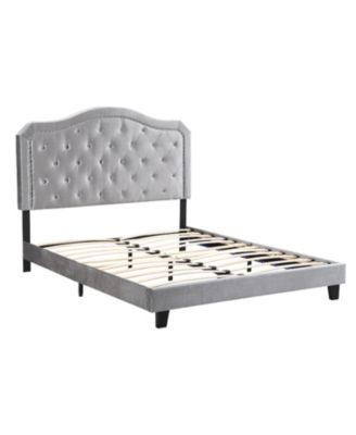  Queen Upholstered Bed with Tufted Curve Design, LED Platform, Strong Wood Slats, Easy Setup - Light Grey Velvet