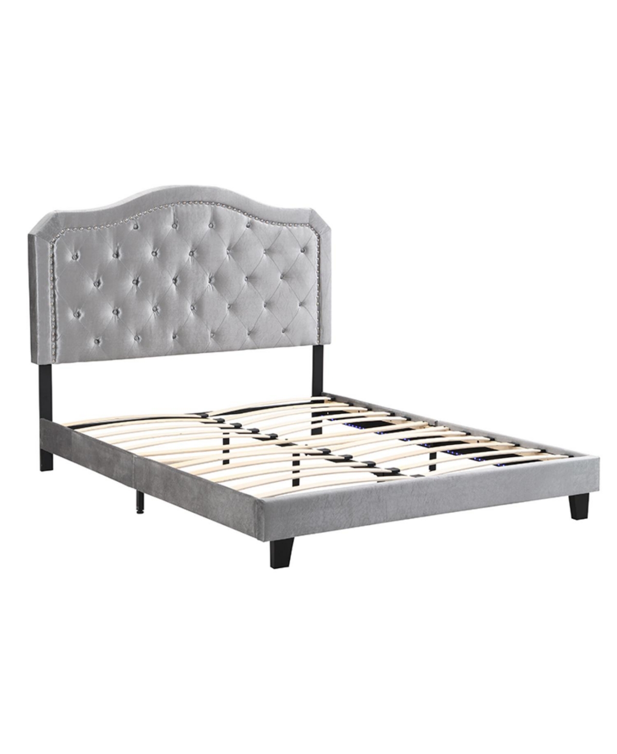 Streamdale Furniture Queen Upholstered Bed with Tufted Curve Design, Led Platform, Strong Wood Slats, Easy Setup - Light Grey Velvet