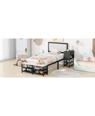 Twin size Metal Platform Bed with Two-Tier Storage Shelves, Wooden Storage Cabinet