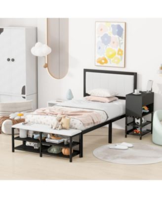 Twin size Metal Platform Bed with Two-Tier Storage Shelves, Wooden Storage Cabinet