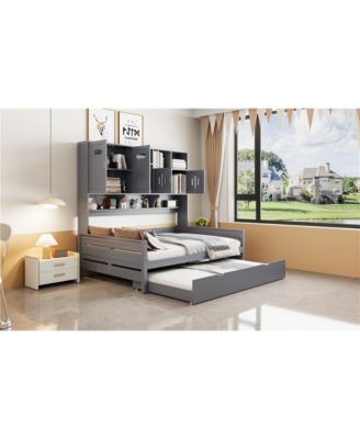 Full Size Wooden Daybed with Twin Size Trundle, and All-in-One Cabinet and Shelf.