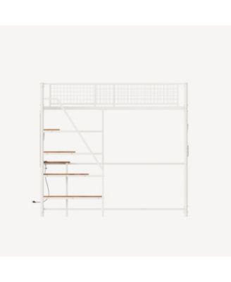 Twin sized loft metal bed with white for bedroom and dormitory, with built-in charging station and LED lighting