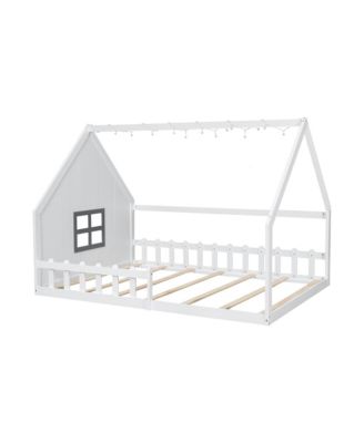 Full Size Wood House Bed with Window and Fence.