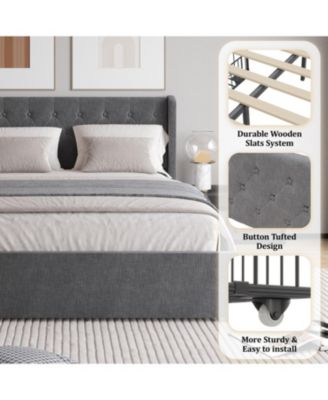 Queen Size Bed Frame with 4 Storage Drawers and Wingback Headboard, Button Tufted Design