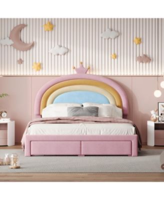 Princess Bed with Storage Drawer, Velvet Rainbow Upholstered Platform Bed