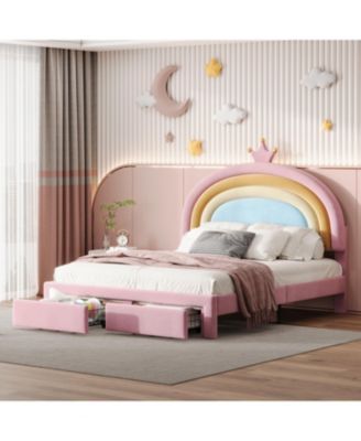 Princess Bed with Storage Drawer, Velvet Rainbow Upholstered Platform Bed
