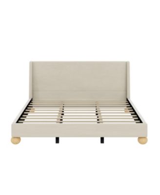 Modern Velvet Upholstered Platform Bed with Wingback Headboard and Round Wooden Legs, Cream,King Size