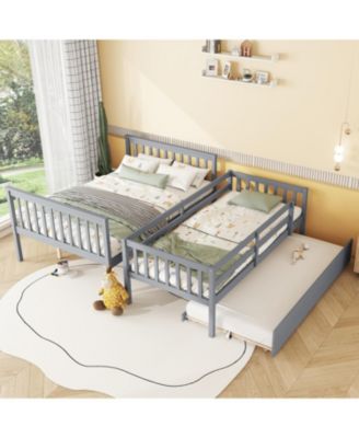 Wood Bunk Bed with Trundle, Ladder, Guardrail, Convertible