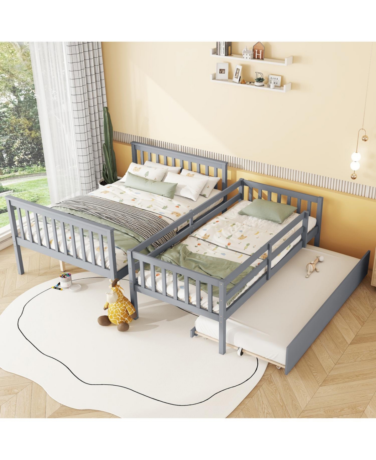 Streamdale Furniture Wood Bunk Bed with Trundle, Ladder, Guardrail, Convertible