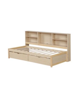 Twin Size Bed Frame With Side Bookshelves, Two Drawers, And Built-in USB Port