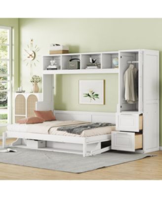  Full Size Murphy Bed Wall Bed with Closet and Drawers,White