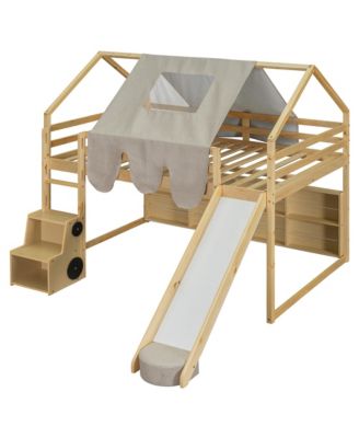 Wooden Loft Bed House-shaped Frame with a Tent