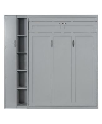  Full Size Murphy Bed Wall Bed with Shelves, Wardrobe and LED Lights