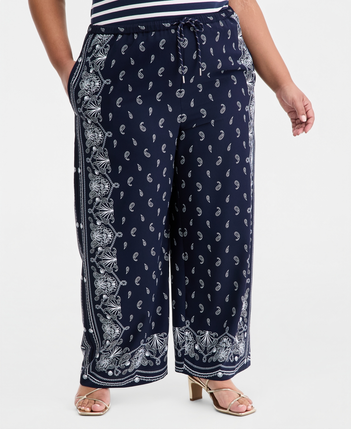 On 34th Trendy Plus High Rise Bandana Frame Print Wide Leg Pull-On Pants, Macy's Exclusive