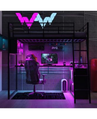 Full Size Metal Loft Bed with LED Desk and 4 Storage Shelves Black