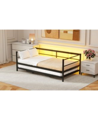 Twin Size Metal Daybed with LED and Adjustable Trundle Pop Up Trundle