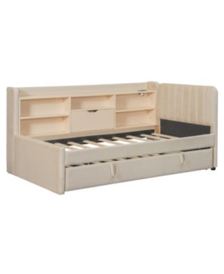 Twin Size Upholstered Daybed with Trundle Storage Shelves USB & Outlet