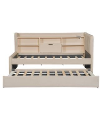 Twin Size Upholstered Daybed with Trundle Storage Shelves USB & Outlet