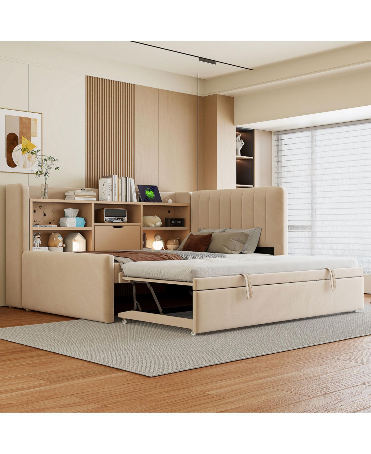 Streamdale Furniture Twin Upholstered Daybed with Trundle Storage Shelves Usb & Outlet