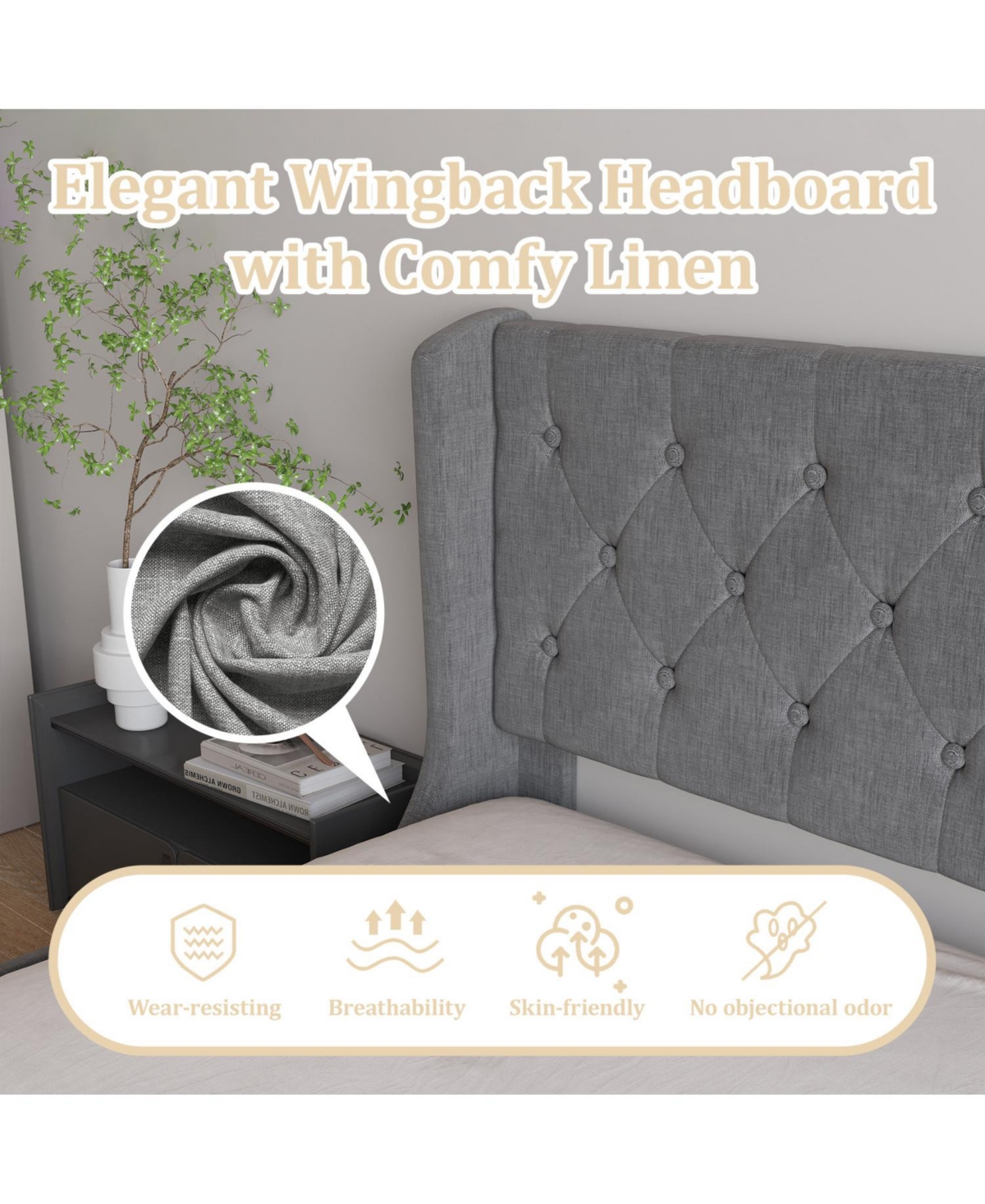 Streamdale Furniture Dark Grey Button Tufted Wingback Bed Frame with 4 Drawers