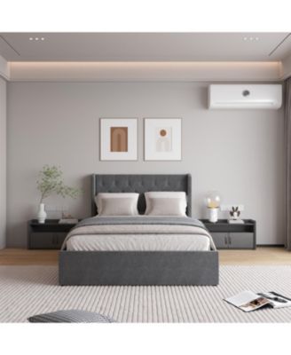 Dark Grey Button Tufted Wingback Bed Frame with 4 Drawers