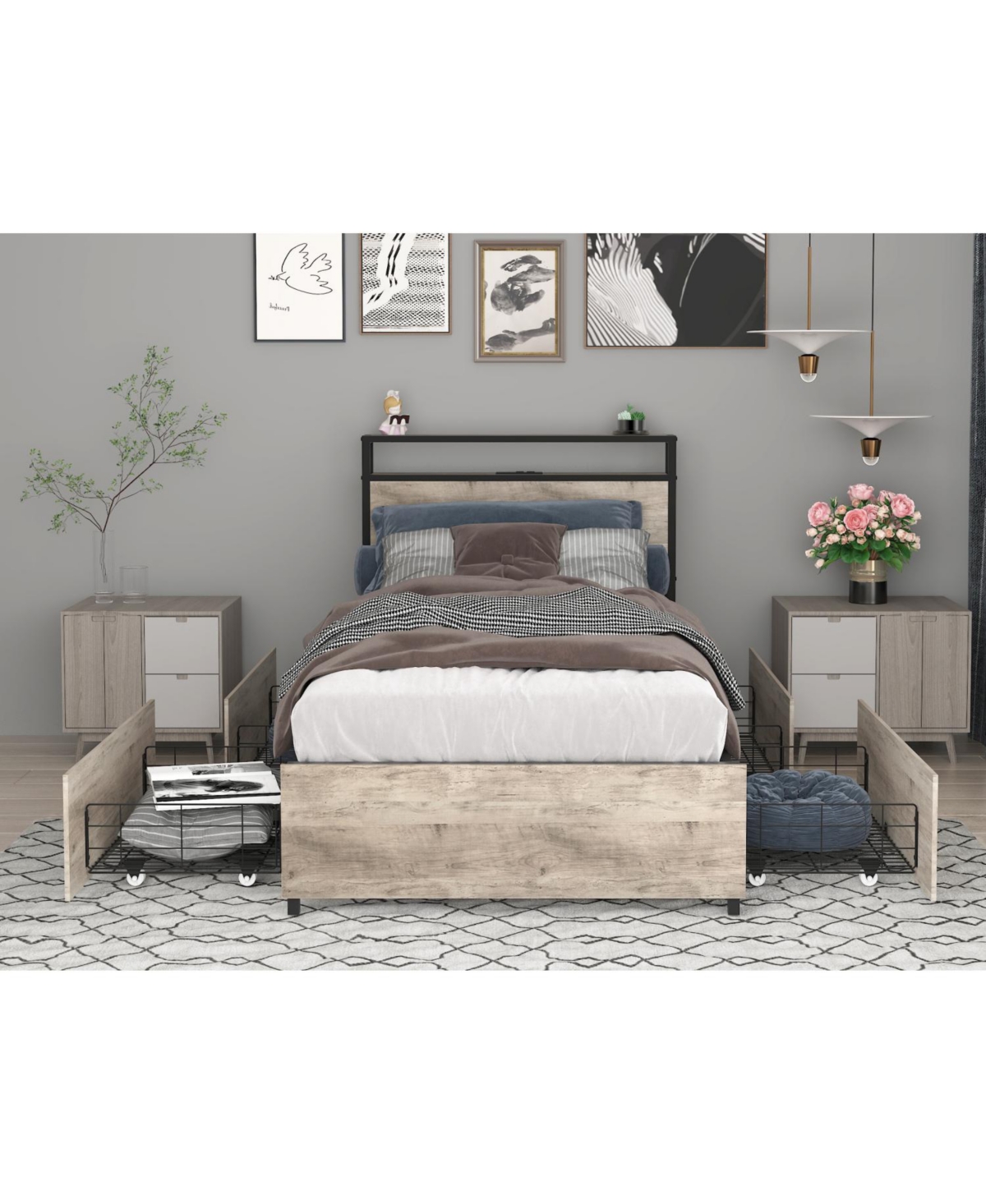 Streamdale Furniture Twin Bed Frame Storage Headboard Charging Station