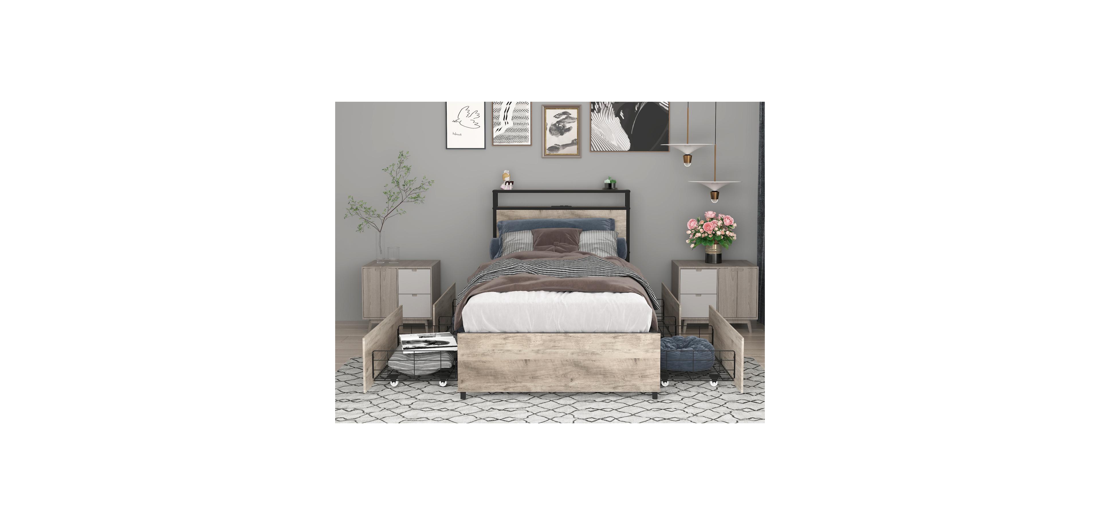 Streamdale Furniture Twin Bed Frame Storage Headboard Charging Station