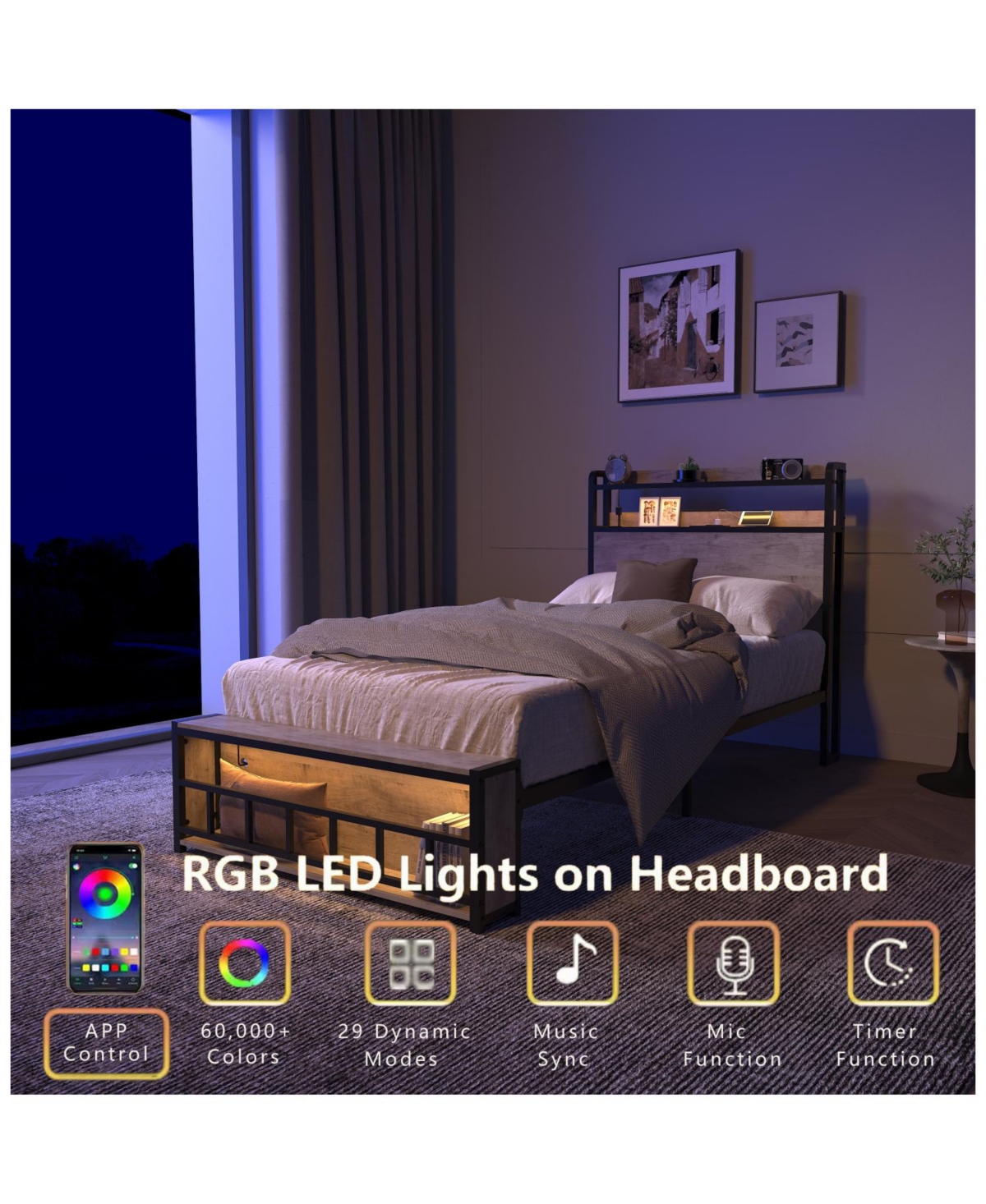 Streamdale Furniture Bed Frame with Charging & Led Light