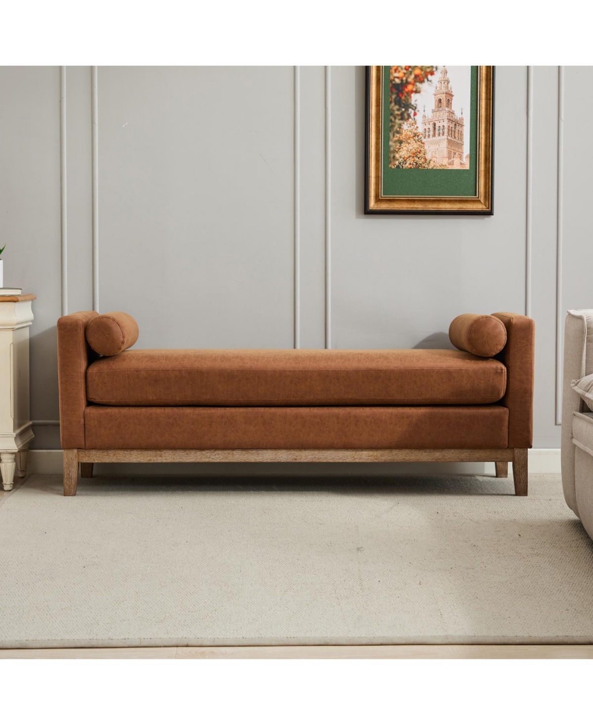 Streamdale Furniture Upholstered Bench/Daybed Ottoman with Wood Legs & Bolsters - Brown Pu