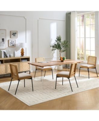 Mid-Century Linen Dining Chairs Rattan Back (Set of 2)