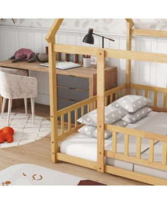 Full Size House Floor Wooden Bed with Roof Frame Safety Guardrails Natural